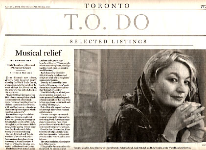 Jane Siberry featured wearing JTP. 